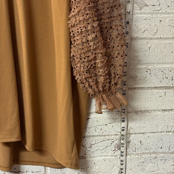 Cato Plus Size 22/24W Sheer Dot Sleeve Blouse – Brown Ruffle Mesh Detail - Picture 3 of 10